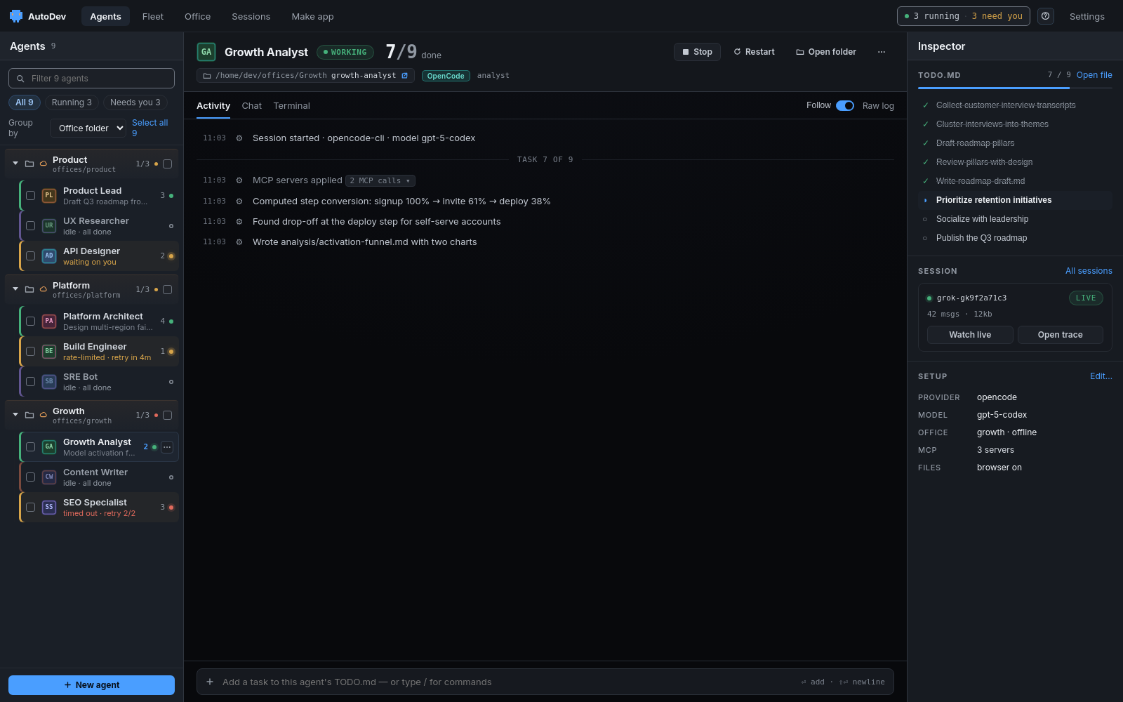 Agents view with one agent selected: a colour-identity avatar and provider accent in the header, a task divider and parsed Activity log in the centre, and a right rail with TODO.md progress, session and setup (provider, model, MCP servers).