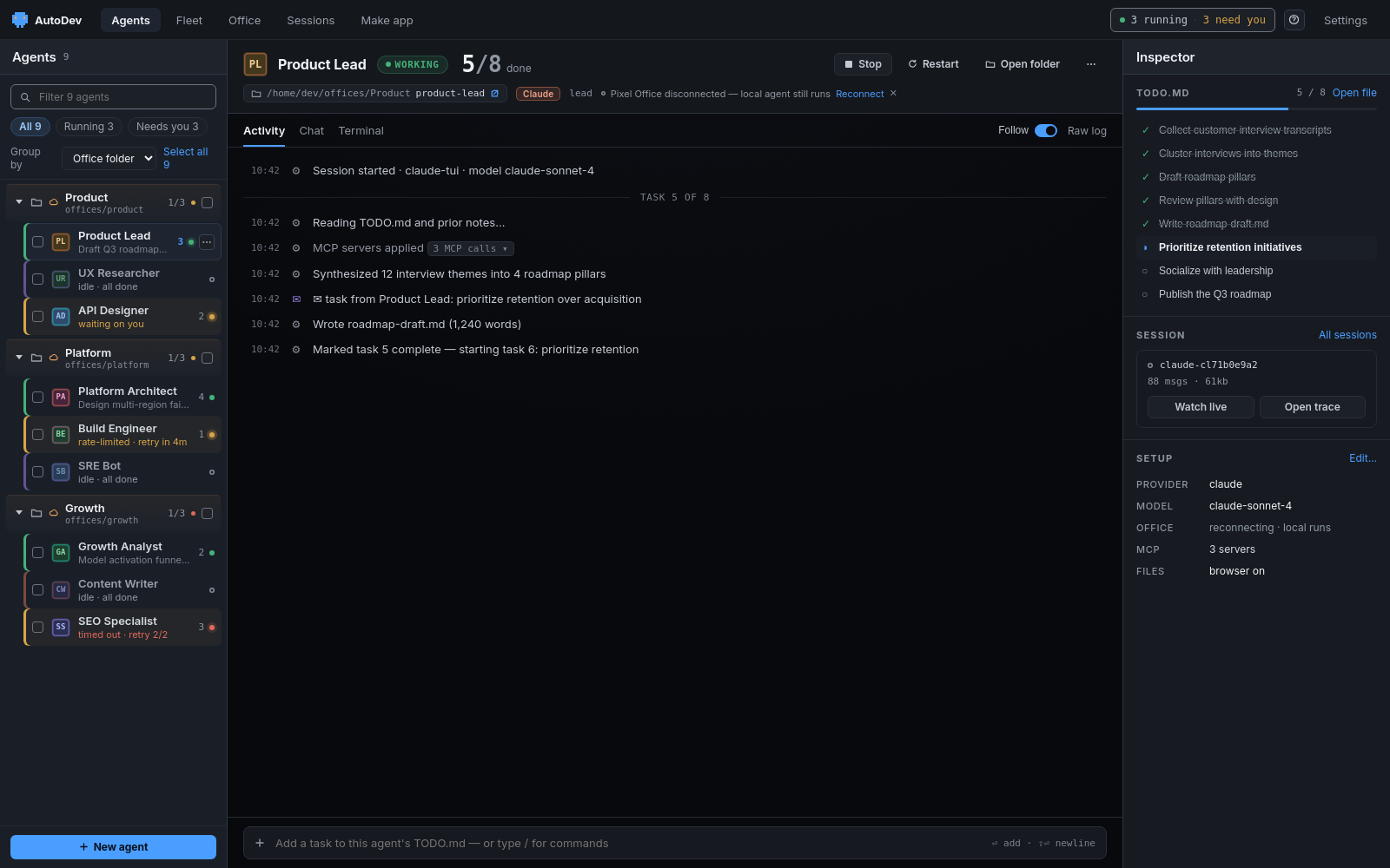 The AutoDev desktop app Agents view: a colour-coded rail of agents grouped by office folder (Product, Platform, Growth) with per-agent identity avatars and provider accents, a selected agent's live Activity log in the centre, and a right-rail Inspector showing its TODO.md, session and setup.