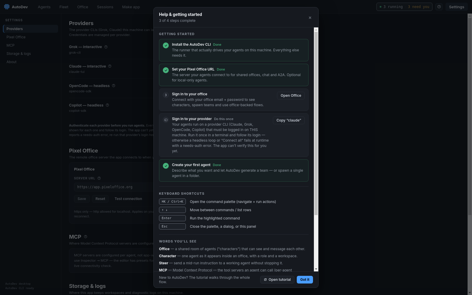 Help & getting started panel: a live checklist wired to real signals — install the AutoDev CLI, set the Pixel Office URL, sign in to your office and provider, create your first agent — plus a keyboard-shortcuts reference, a glossary and docs links.