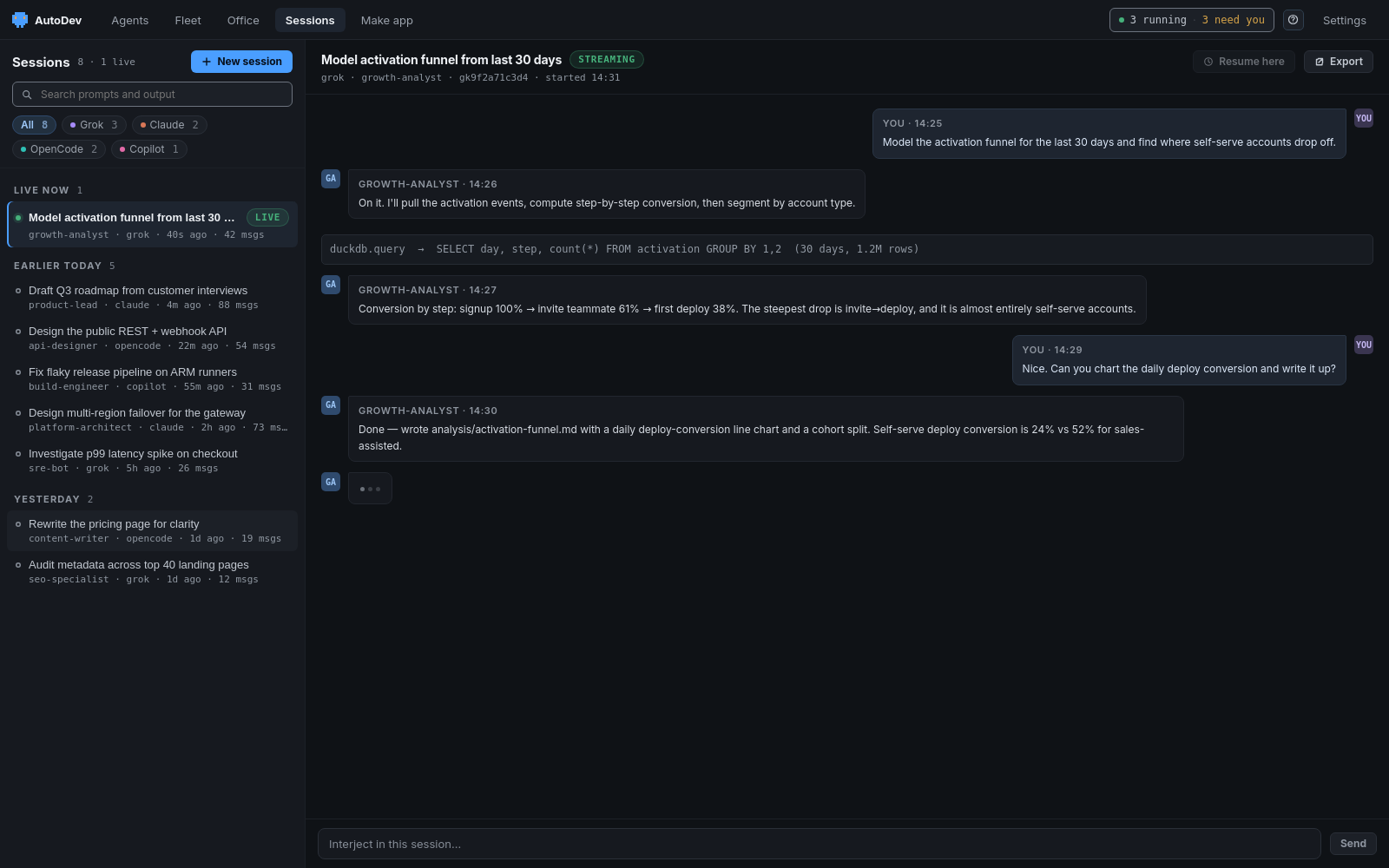 Sessions view: sessions with brand-coloured provider filter chips for grok, claude, opencode and copilot, a searchable list grouped by time on the left, and a full session transcript with Resume and Export on the right.