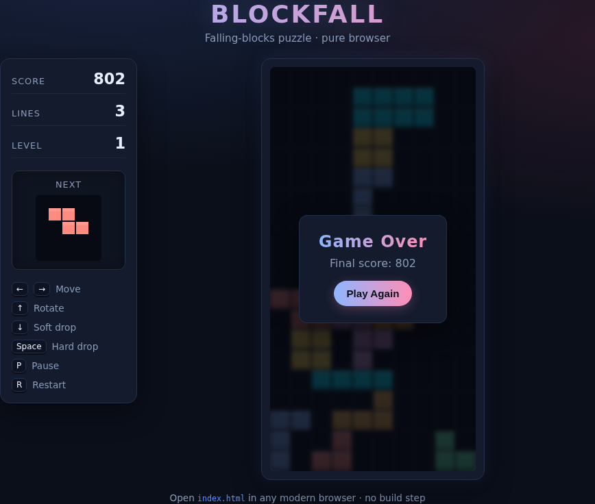 BlockFall's game-over state: a 'Game Over' card reading 'Final score: 802' with a 'Play Again' button, over the finished board of stacked pieces.