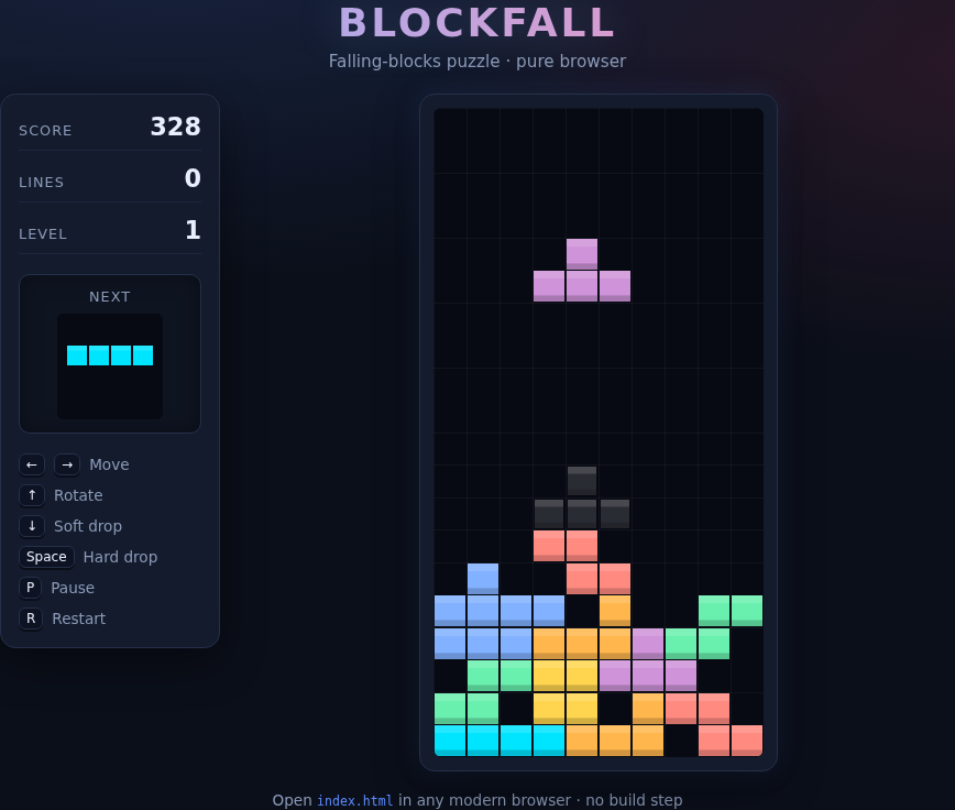 The BlockFall browser game mid-play: a falling purple T-piece with a landing-ghost above a base of coloured blocks on a 10 by 20 board, a Next-piece preview showing an I-piece, a Score / Lines / Level HUD reading 328 / 0 / 1, and a keyboard controls list (move, rotate, soft drop, hard drop, pause, restart).