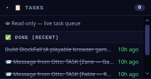 The BlockFall Games Tasks panel, a read-only live task queue: a DONE (recent) section listing the completed 'Build BlockFall (a playable browser game)' goal and project manager Otto's TASK hand-off messages to Zane (game loop) and Fable (render).