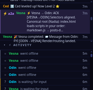 The Inkwell Press chat feed showing an agent-to-agent hand-off: Vesna to Odin, an ACK confirming the class selectors are aligned and that index.html loads the four scripts in Odin's order — markdown.js, posts-data.js, router.js, app.js.