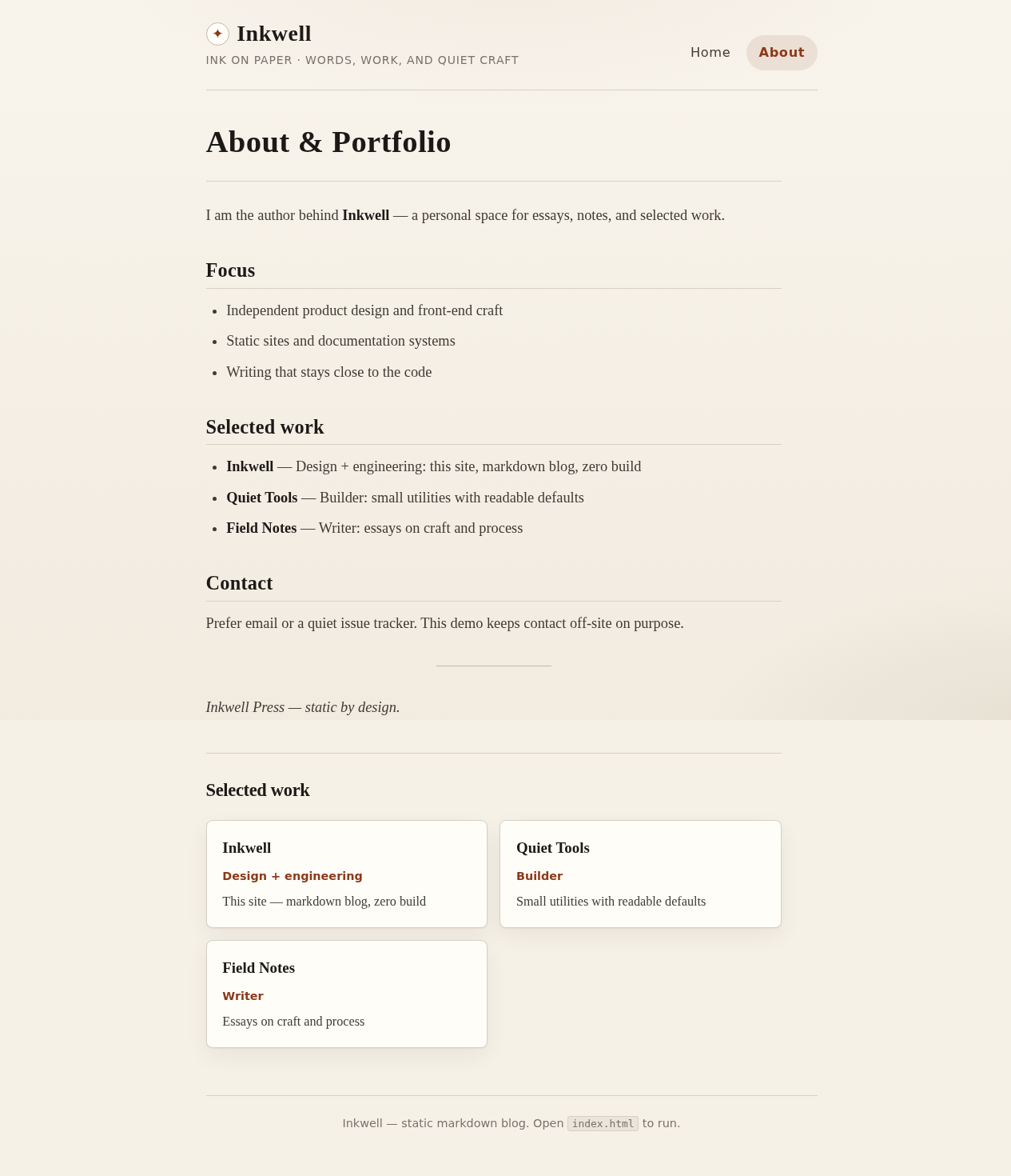 The Inkwell About & Portfolio page: bio markdown with Focus, Selected work and Contact sections, followed by a three-card portfolio grid — Inkwell (Design + engineering), Quiet Tools (Builder) and Field Notes (Writer).
