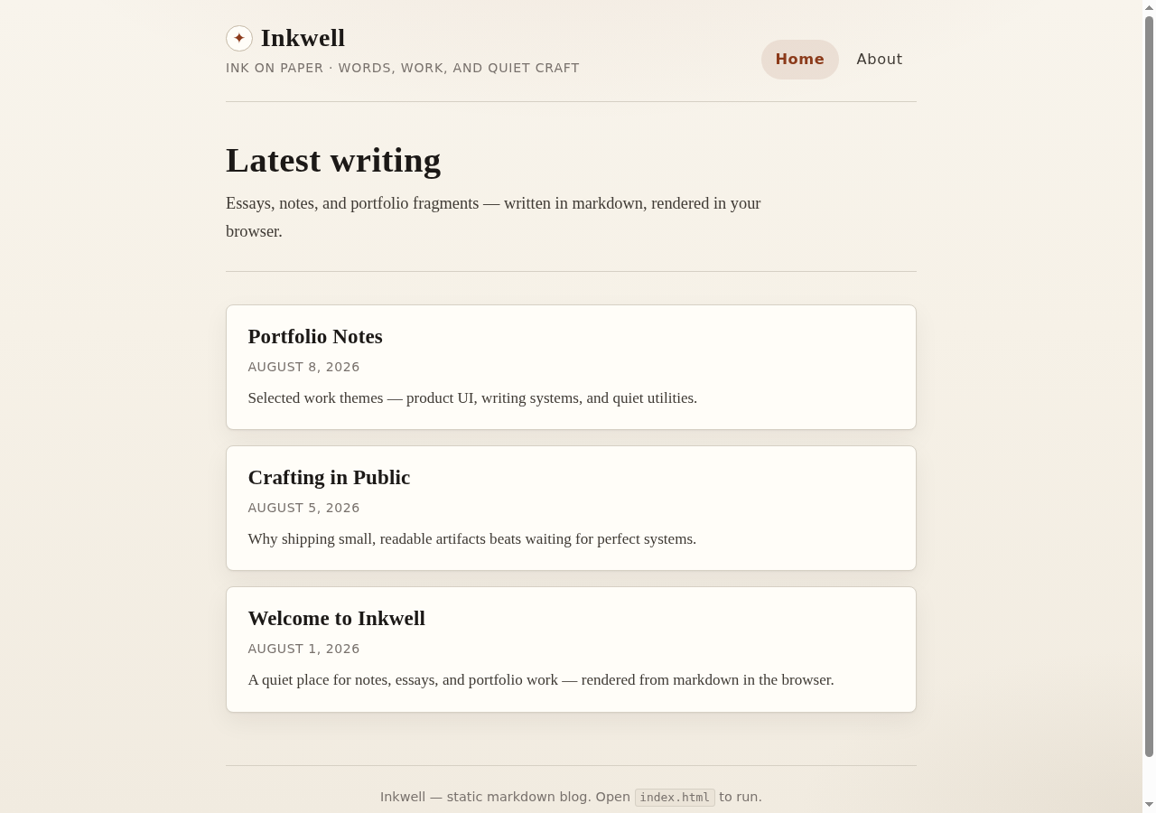 The Inkwell blog home on desktop: an 'ink on paper' Inkwell masthead with Home and About navigation, a 'Latest writing' heading, and a list of three post cards — Portfolio Notes, Crafting in Public and Welcome to Inkwell — each with a title, date and excerpt.