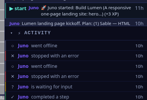 The Lumen Studio build feed: Juno starts the Build Lumen goal and posts the kickoff plan starting '(1) Sable — HTML', with the office logging each step in the activity stream below.