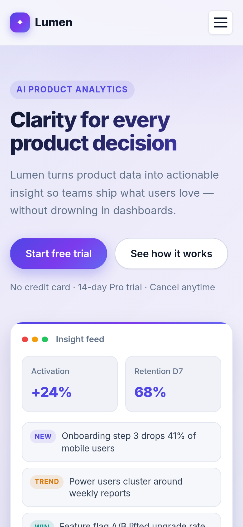 Lumen at phone width: a hamburger nav in the header, the hero headline and Start free trial / See how it works CTAs, and the Insight feed mockup card all reflow into a single responsive column.