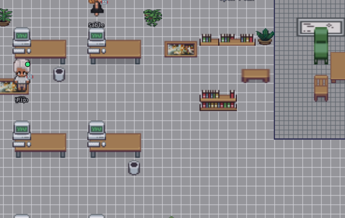 A close-up of the Lumen Studio pixel-art office floor: the Grok agents Sable and Pip standing at desks in the Open Plan area.