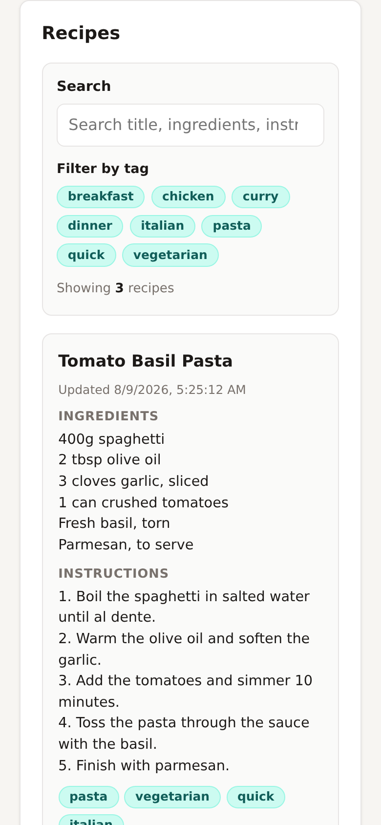 Mira at phone width: the Recipes panel, the search box, the wrapping Filter-by-tag chip row and the full recipe cards all reflow into a single responsive column.