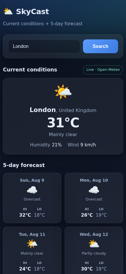 SkyCast on a narrow phone-width screen: the search box, current-conditions card and forecast cards reflow into a single responsive column.