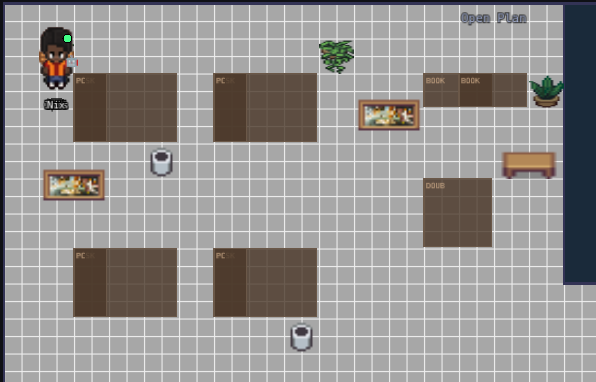 A close-up of the pixel-art office floor: an agent standing at a desk in the Open Plan area with the Meeting Room alongside.
