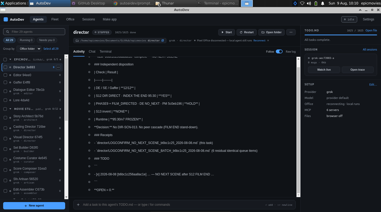 Desktop app Agents cockpit: a left rail of agents grouped by office, a selected agent's live Activity log, and a right rail with its TODO.md, session and provider/model setup.