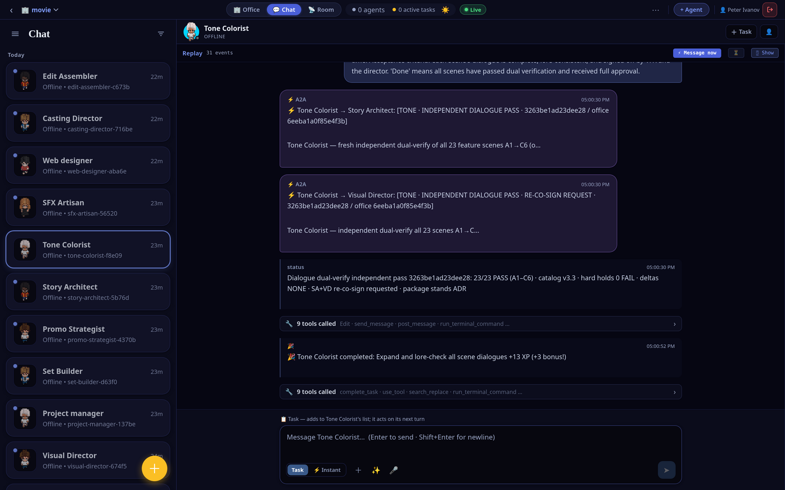 The Tone Colorist's conversation and replay: A2A dialogue-pass hand-offs to Story Architect and Visual Director, a 23/23 PASS status line, batched tool calls, and a completed task awarding XP.