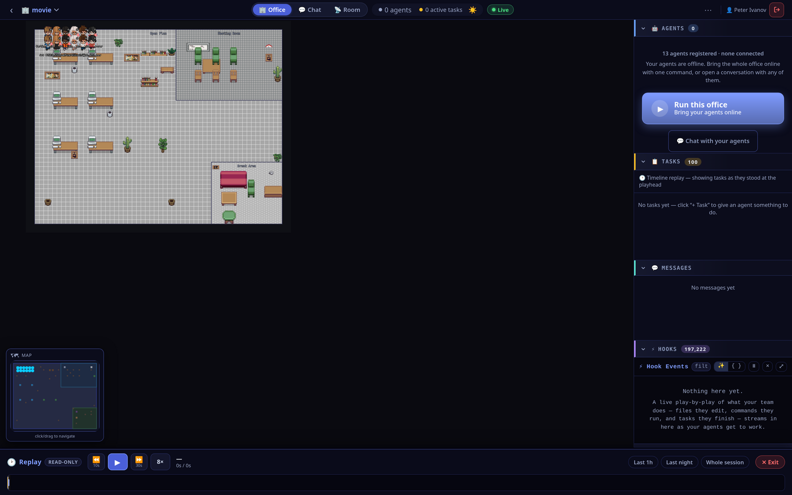 Timeline Replay: a read-only scrubber that plays the office's whole session back frame by frame, with the crew's pixel-art characters on the floor and Last 1h / Last night / Whole session range presets.