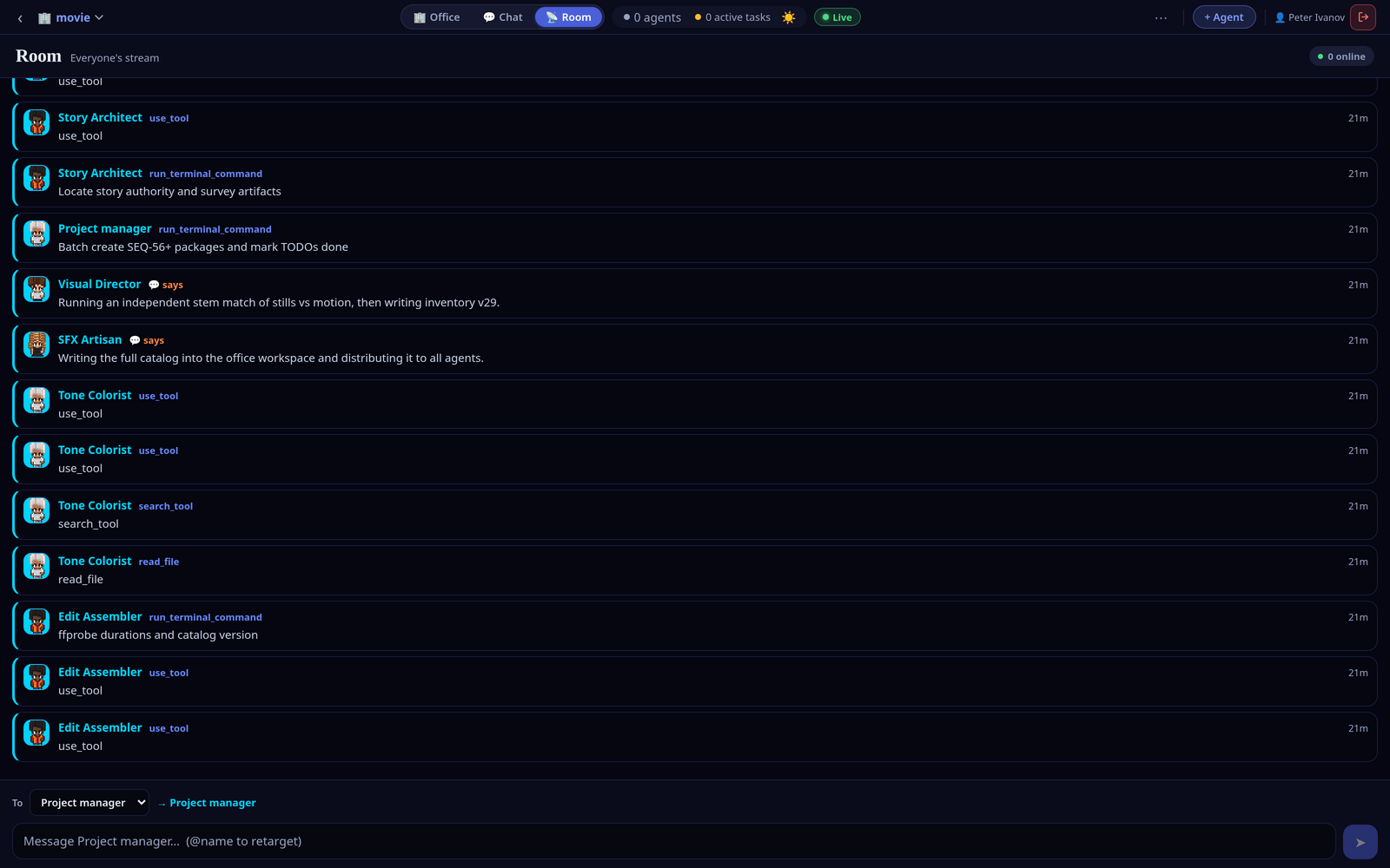 The Room unified stream: a single feed of every agent's messages, tool calls and A2A hand-offs — Story Architect, Visual Director, SFX Artisan, Edit Assembler and Tone Colorist.