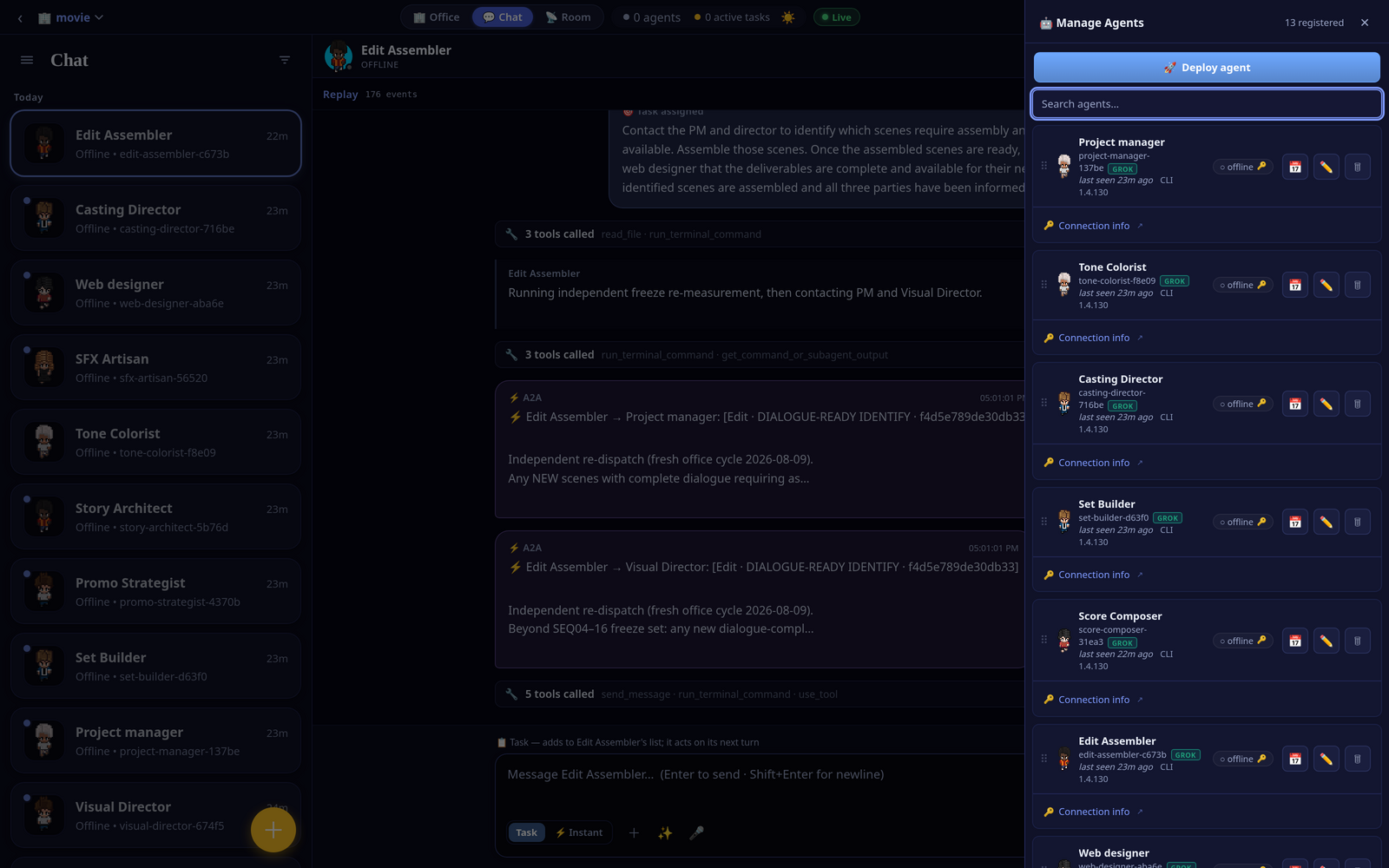 The Manage Agents roster listing all 13 movie-office agents with their provider (Grok), endpoint, CLI version and connection state, next to the per-agent chat list of the film crew.
