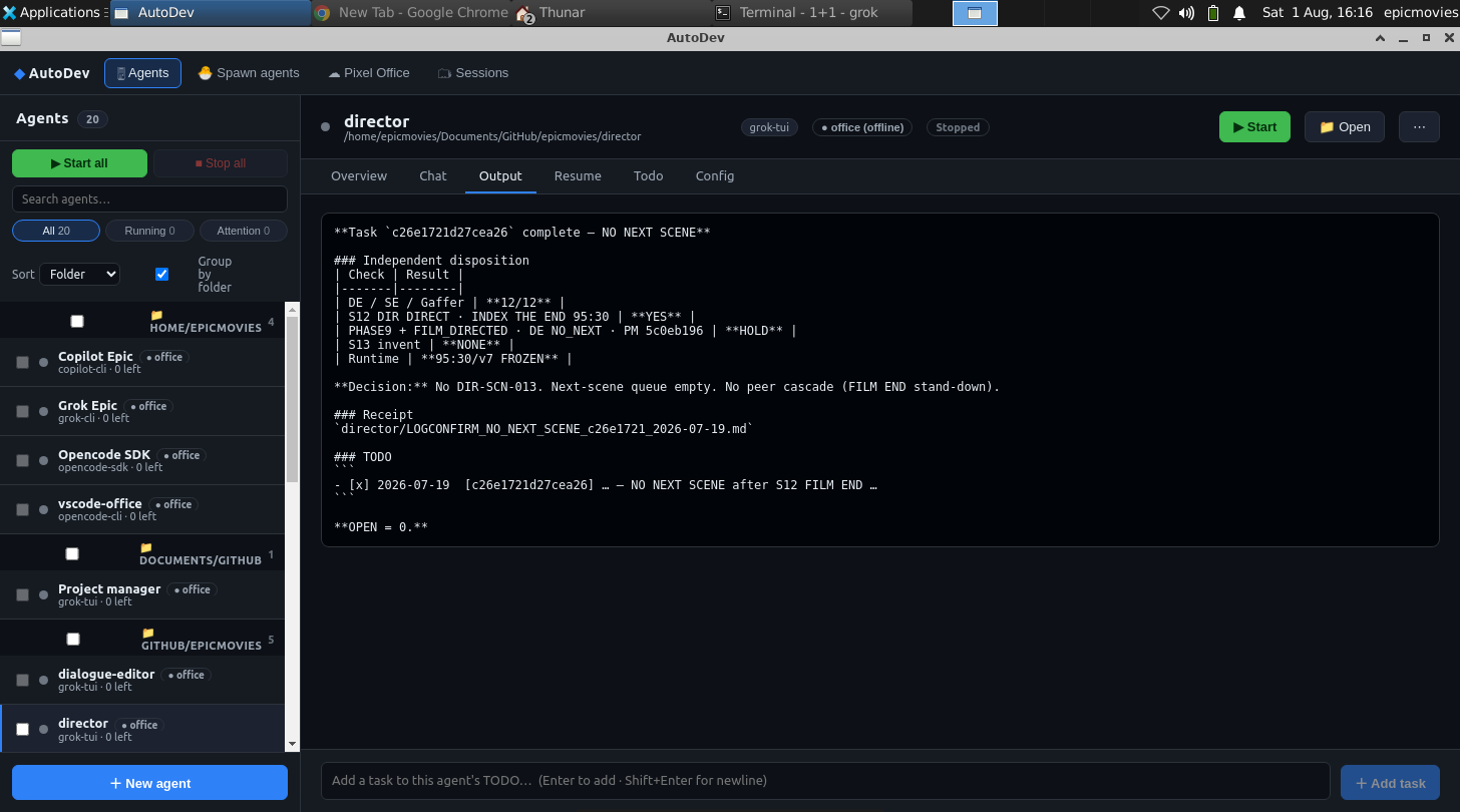 The AutoDev desktop app: a left sidebar of agents grouped by folder next to a selected agent's live output pane.