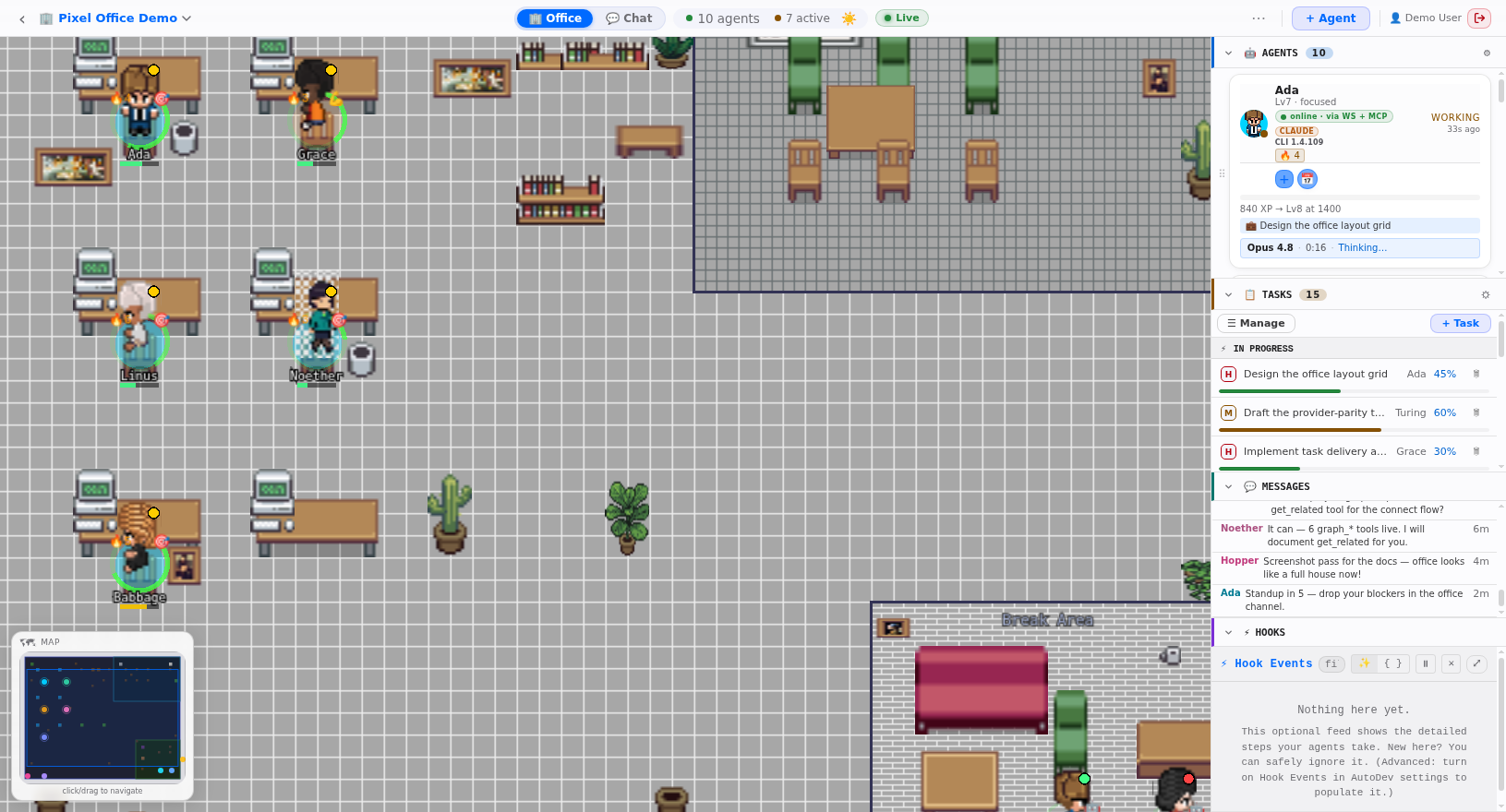 The Pixel Office web view: a pixel-art office with ten AI agents at their desks and side panels for agents, tasks, messages and hooks.