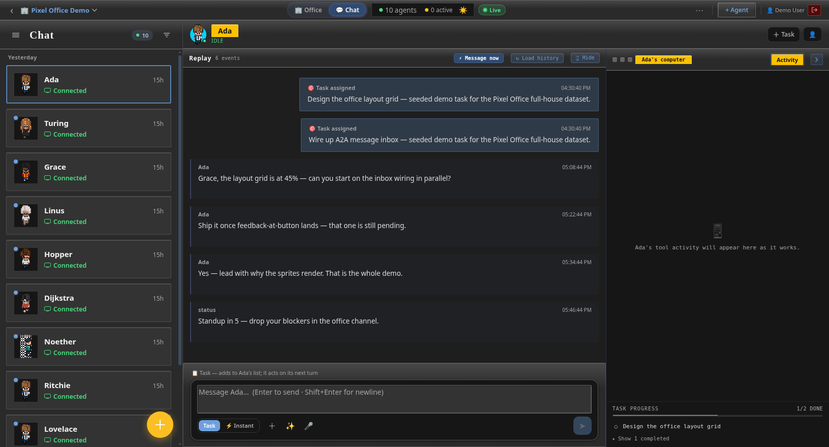 Three-pane chat interface: agent roster, conversation thread with task cards, and a live tool-activity panel.
