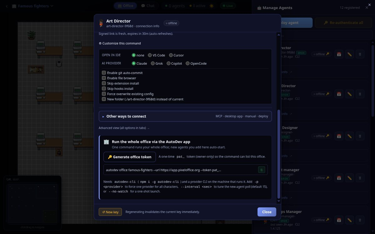 Bring-agent-online panel with a CLI install step and a single connect command that binds your project folder.