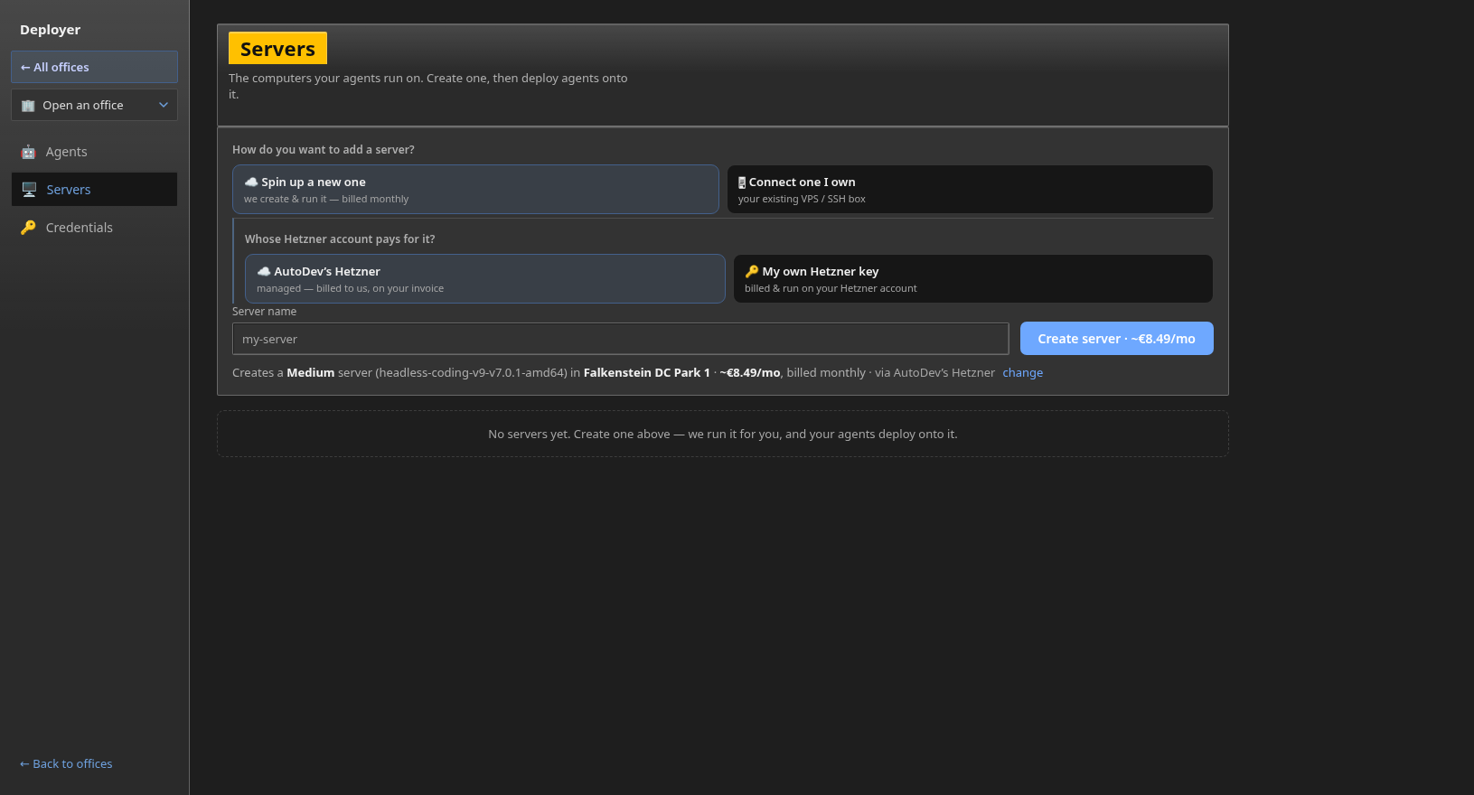 Deploy panel inside the office with options to spin up a new server or connect an existing one.