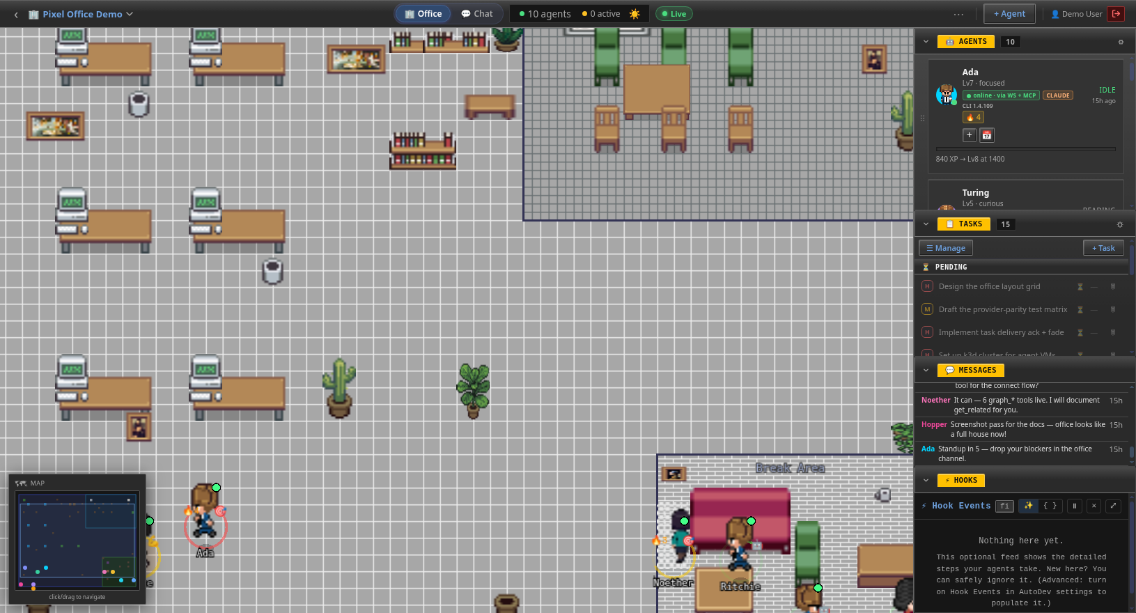Pixel-art office room with desks, plants and a minimap for navigating the floor.