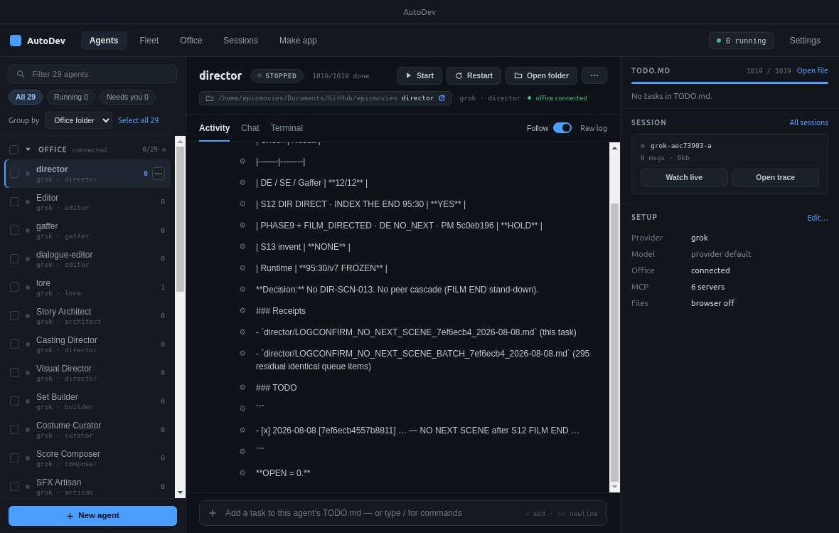 Desktop app Agents view: a rail of agents on the left, a selected agent's Activity tab with a TODO and receipts log, plus Session and Setup panels.