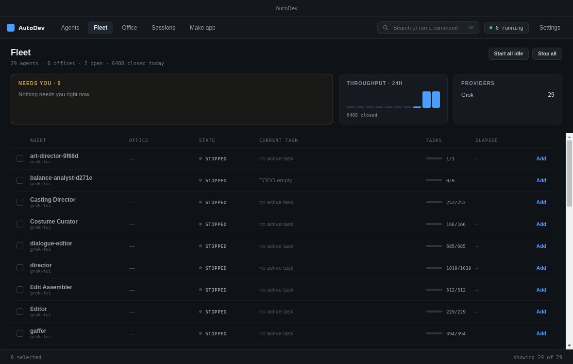 Fleet overview: agent count, a Needs-you panel, a 24-hour throughput chart, provider breakdown, and a table of agents with state, tasks and elapsed time.