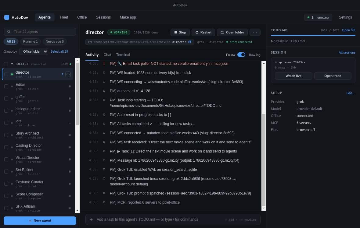 Desktop app showing an agent that just started: a WORKING badge, 1 running, and a live boot log streaming its task loop and connection.