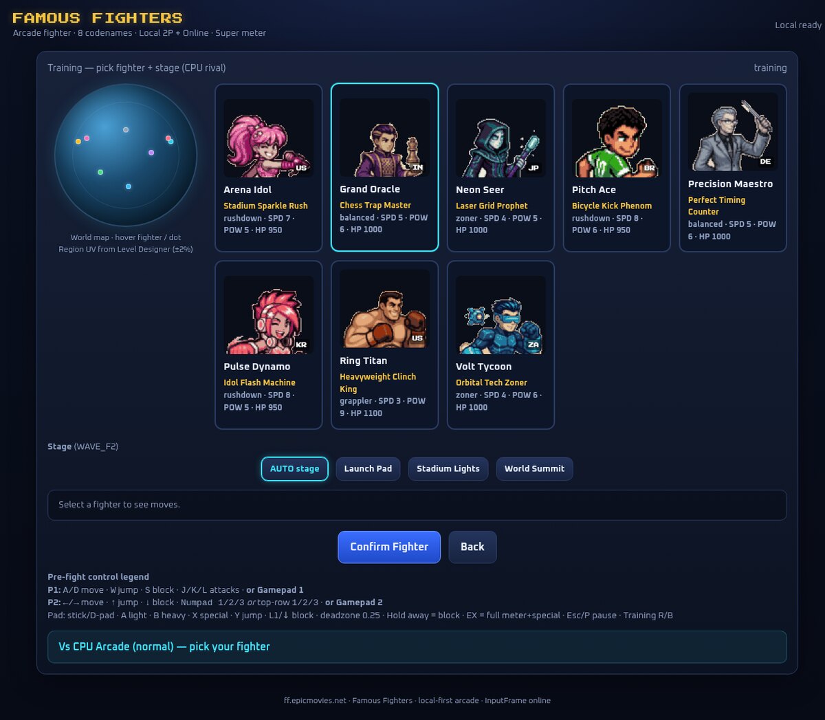 Character-select screen showing all eight fighters in a grid with country flags, tag lines, and archetype, speed, power and HP stats.