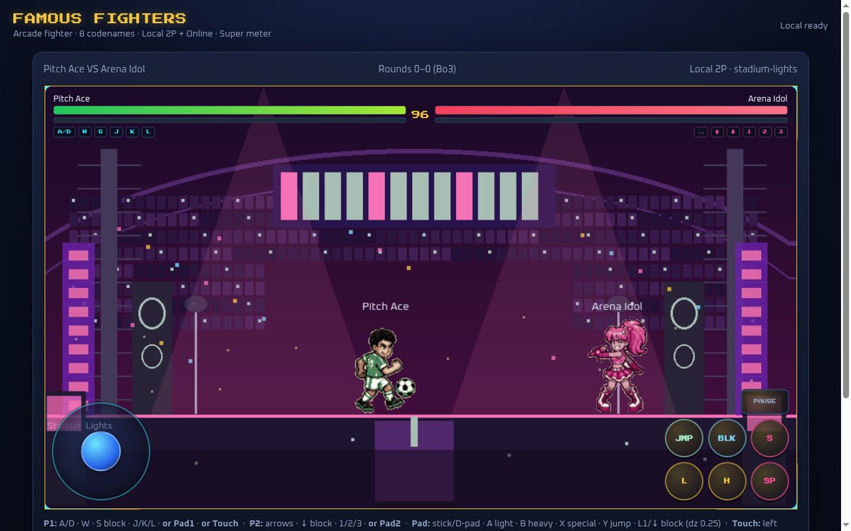 Mid-fight HUD with green and red HP bars, super-meter bars and a round timer, two fighters on a stadium stage.