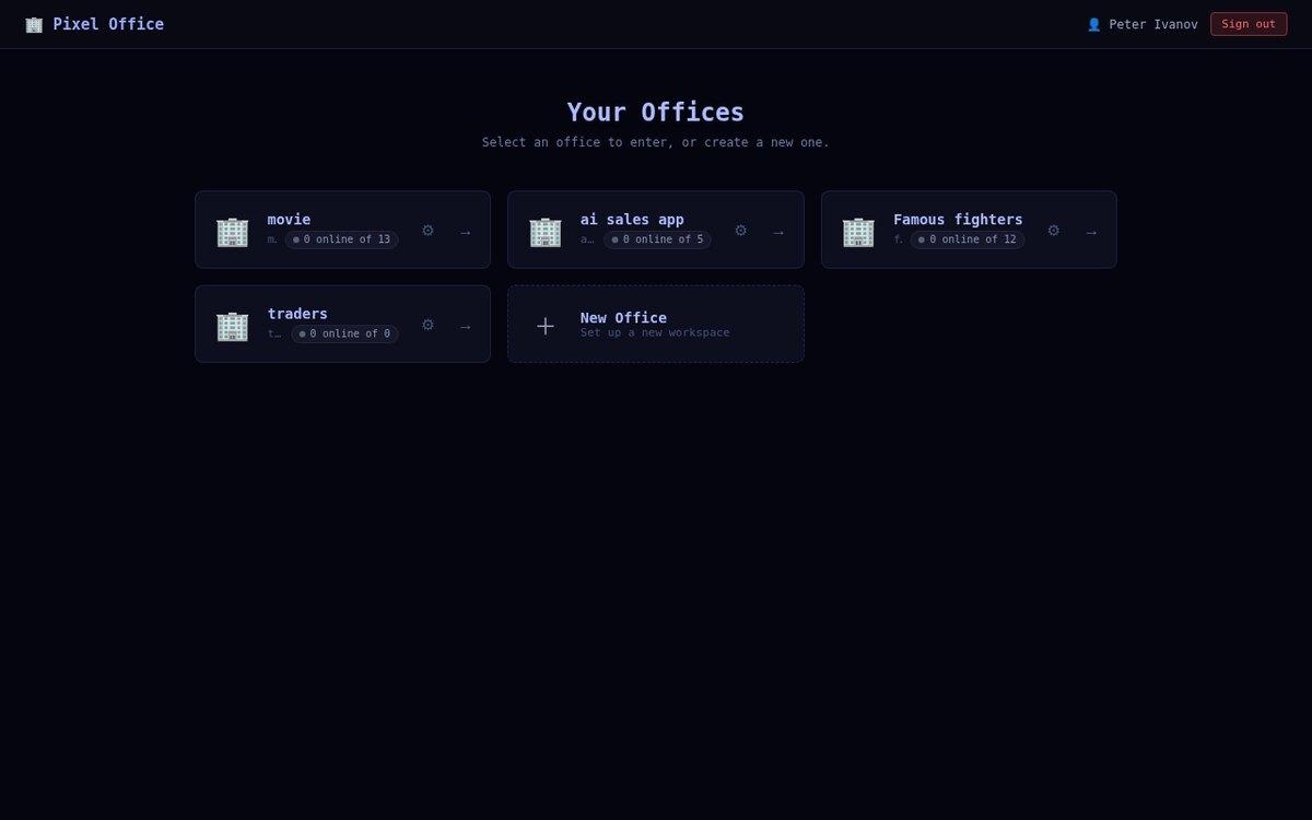 Office picker listing several offices, each with online and registered agent counts; Famous fighters shows 0 online of 12.