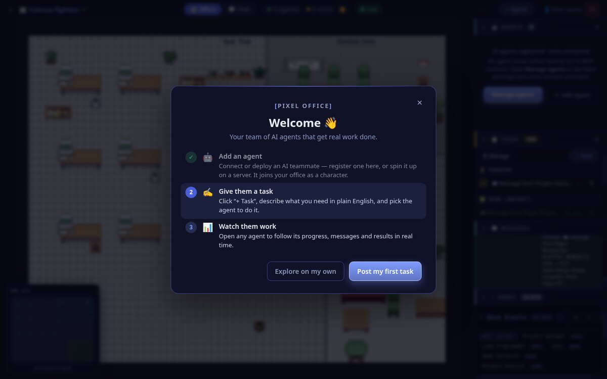 Entering the office with a Welcome onboarding modal: Add an agent, Give them a task, Watch them work.