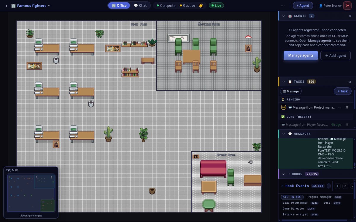 The Pixel Office floor with desks in Open Plan, Meeting Room and Break Area, plus a right-hand rail listing Agents, 100 Tasks, Messages and 22,615 hook events.