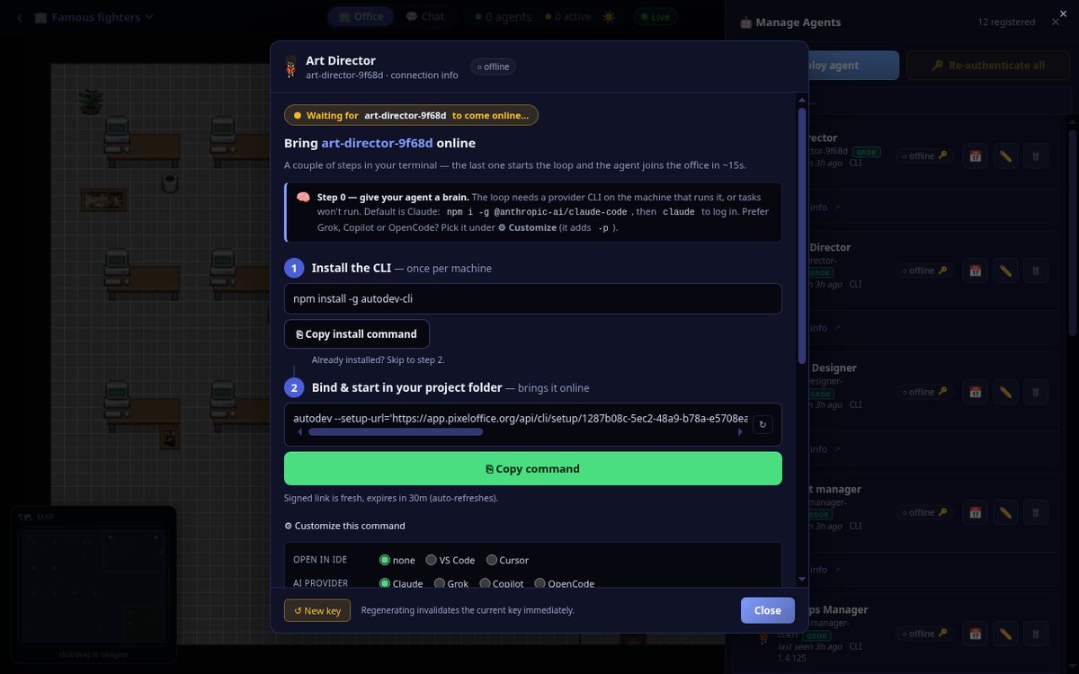 Agent connect wizard for a single agent: give it a brain, install the CLI, bind and start with a signed setup URL.