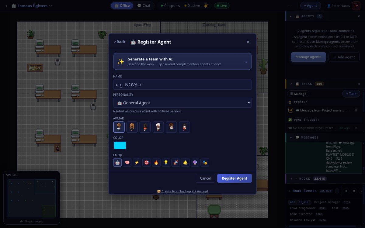 Register Agent modal with a Generate-a-team shortcut plus manual fields for name, personality, avatar, colour and emoji.