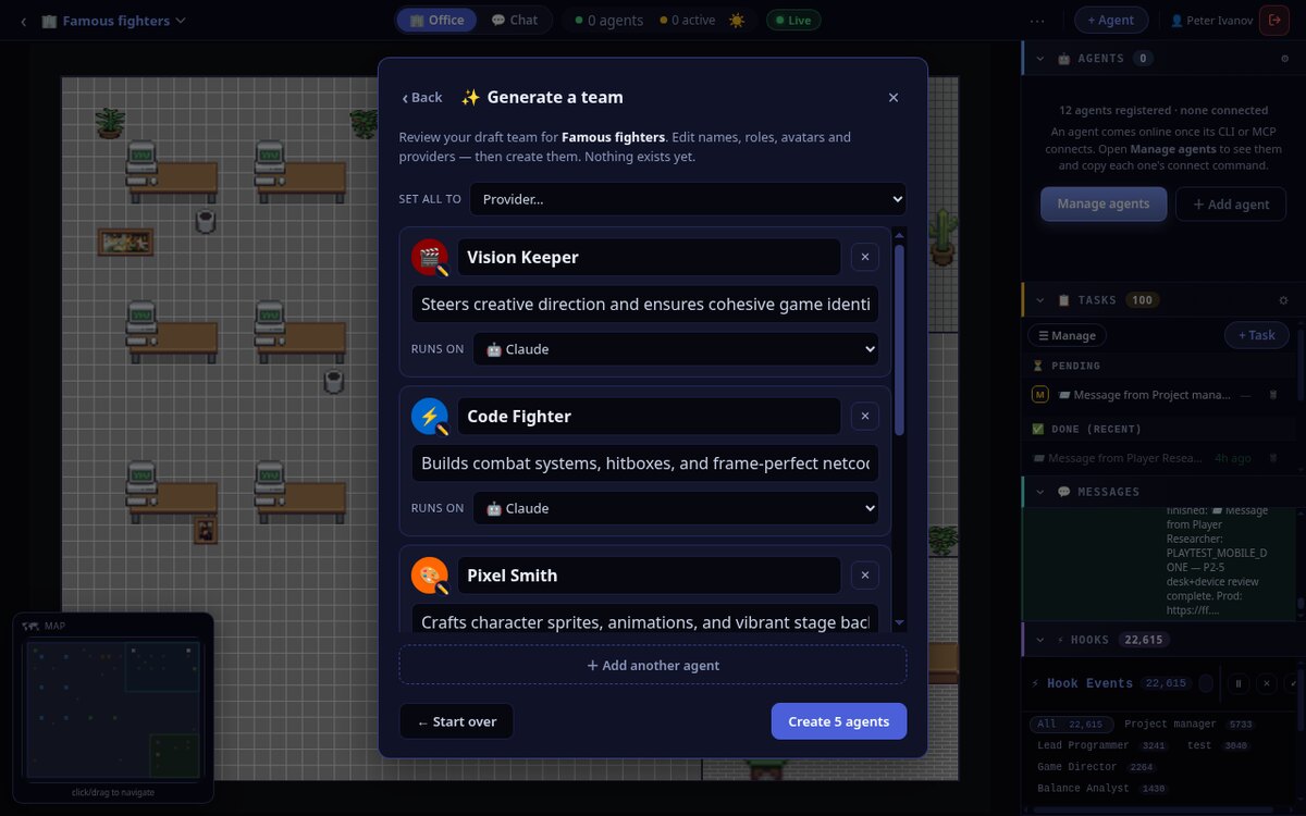Generate-team step 2: an AI-drafted roster of roles, each editable with name, role, avatar and the provider it runs on.