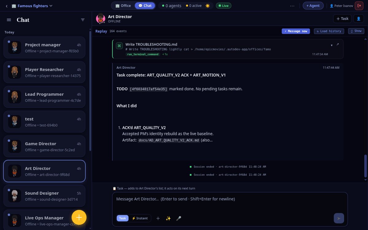 Chat view: a left rail of agents and the Art Director thread showing real tool calls — writing a TROUBLESHOOTING file, running a terminal command, a Task-complete message and TODOs marked done.