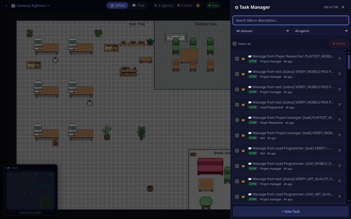 Task Manager showing 100 of 100 tasks with status and agent filters, search, DONE badges and a message stream between agents.