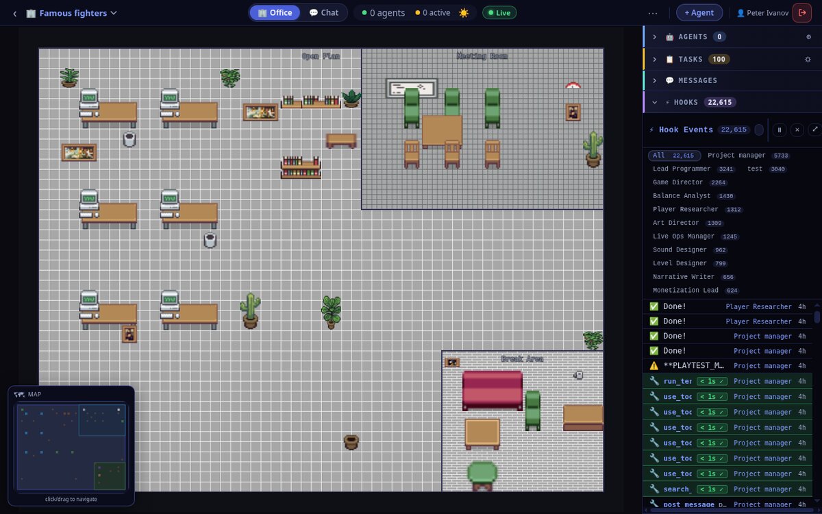 Hooks event feed expanded with per-agent filter chips and a live stream of Done markers, terminal runs, tool use, searches and posted messages.